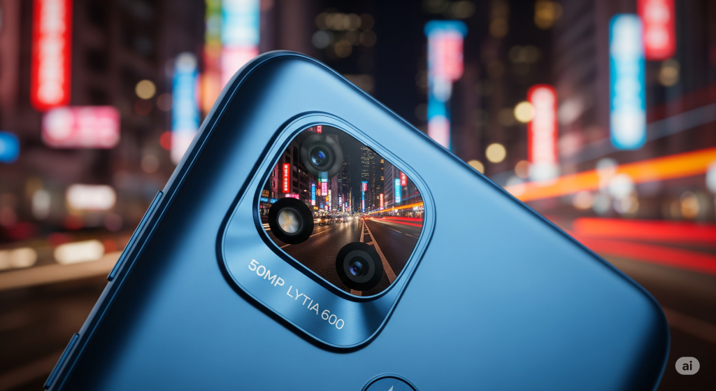 Close-up da câmera de 50MP Sony Lytia 600 do Motorola Moto g75 5G. A lente da câmera reflete uma foto noturna vibrante de uma cidade, demonstrando a qualidade fotográfica do aparelho.