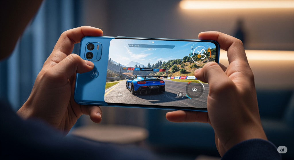 Pessoa segurando o Motorola Moto g75 5G na horizontal e jogando um jogo de corrida. A tela do celular está vibrante e nítida, mostrando a alta performance do aparelho para jogos, e as mãos demonstram foco total na partida.