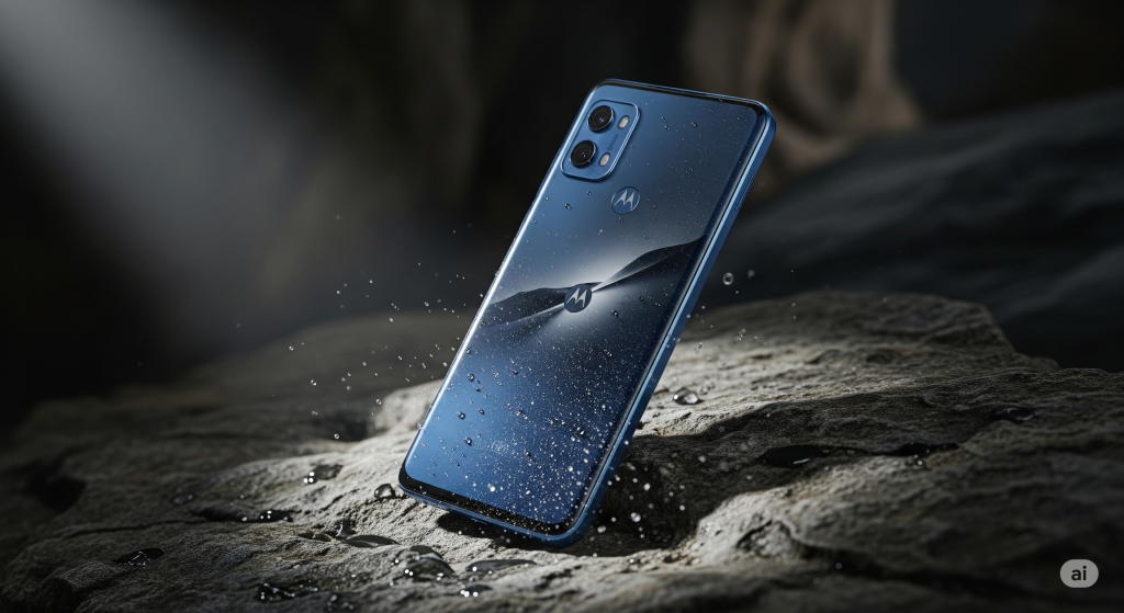 Smartphone Motorola Moto g75 5G na cor azul, apoiado sobre uma rocha escura e com gotas de água, ilustrando sua ultrarresistência militar e durabilidade em condições adversas."