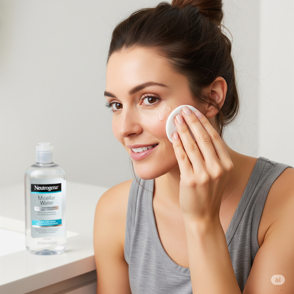 Uma mulher sorrindo e aplicando Neutrogena Água Micelar no rosto com um disco de algodão. O frasco do produto está em uma bancada branca ao lado.
