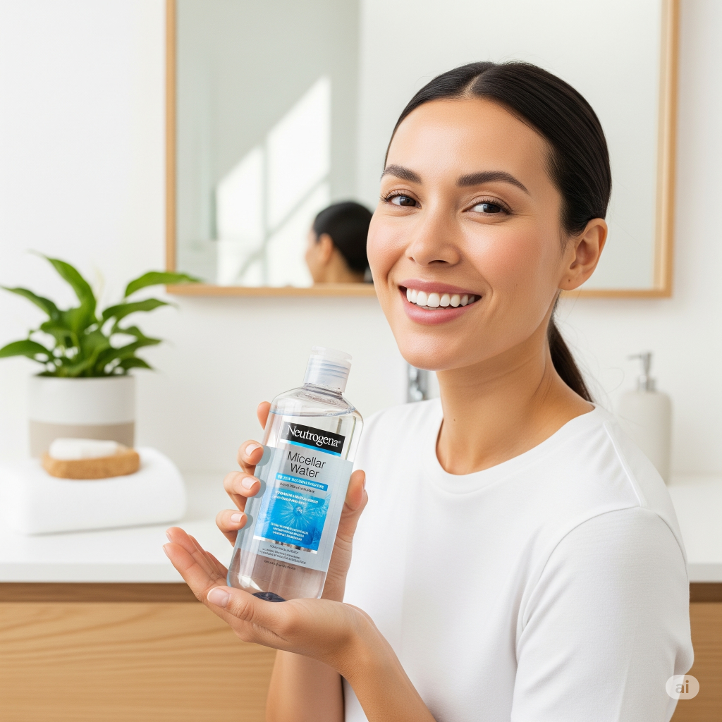 Uma mulher sorrindo de forma confiante, com pele radiante, segurando o frasco de Neutrogena Água Micelar em um banheiro claro e moderno.