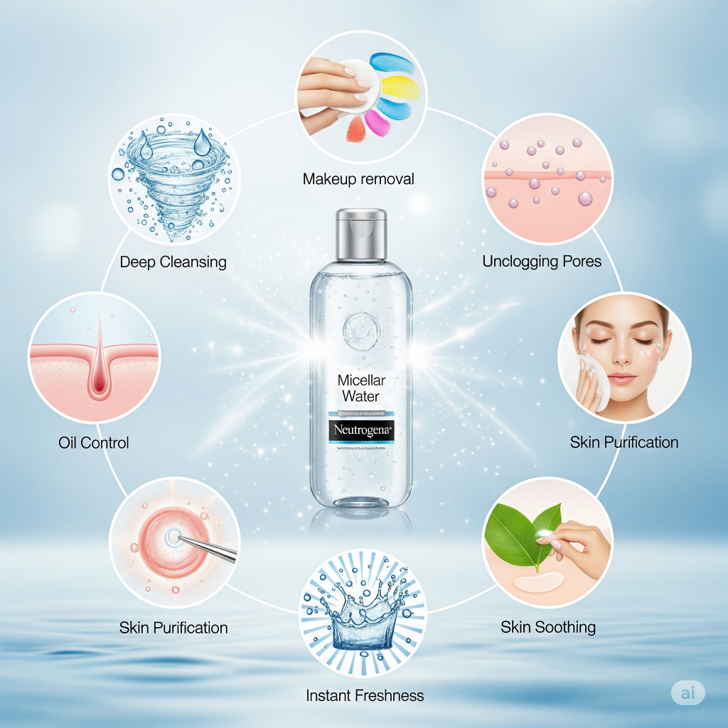 O frasco de Neutrogena Água Micelar no centro, rodeado por ícones visuais que representam seus 7 benefícios: limpeza profunda, remoção de maquiagem, controle de oleosidade, desobstrução de poros, purificação, frescor instantâneo e pele suavizada.