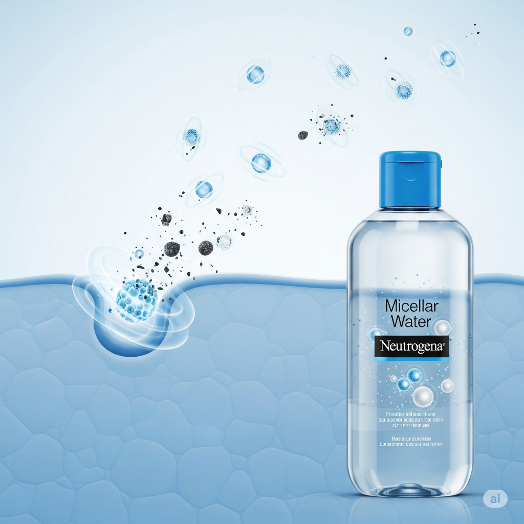 Ilustração conceitual mostrando o frasco de Neutrogena Água Micelar e, ao lado, as "micelas" agindo como ímãs para remover sujeira e maquiagem da pele.