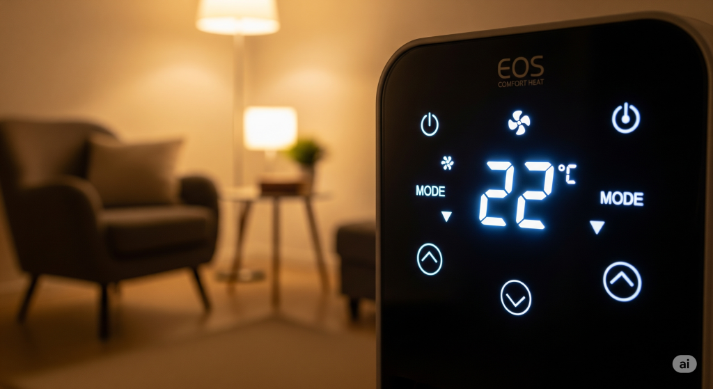 Close-up do painel digital do Aquecedor Elétrico EOS Comfort Heat, exibindo a temperatura de 22°C e ícones de controle, com uma sala de estar aconchegante e desfocada ao fundo.
