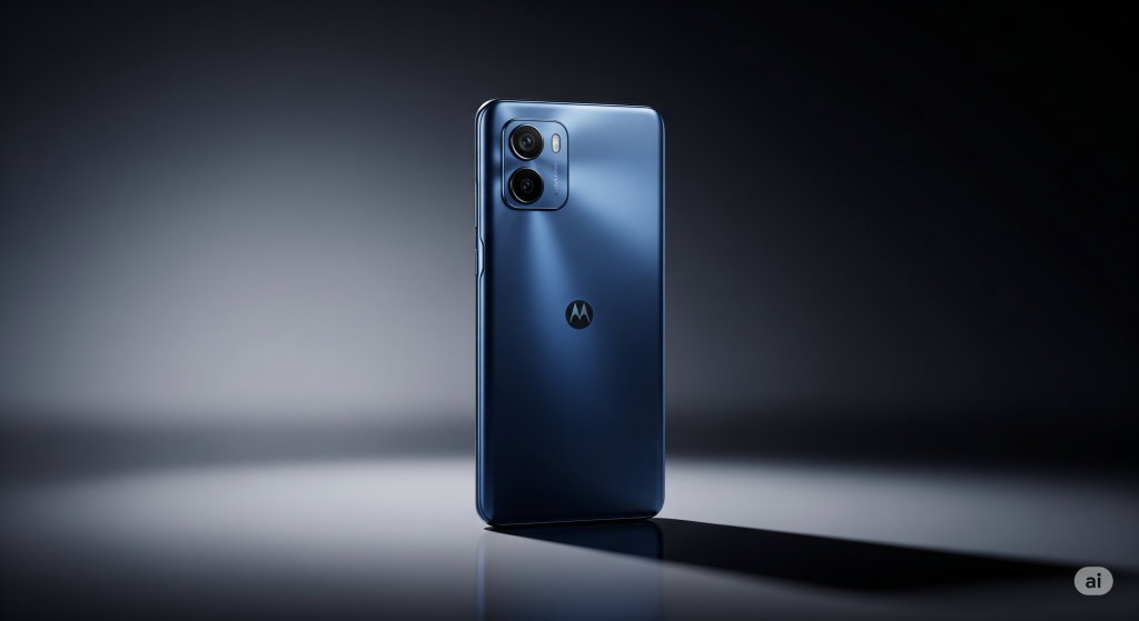 Imagem de estúdio do Motorola Moto g75 5G na cor azul, em pé sobre uma superfície escura e reflexiva, com iluminação dramática que realça seu design e o módulo da câmera.