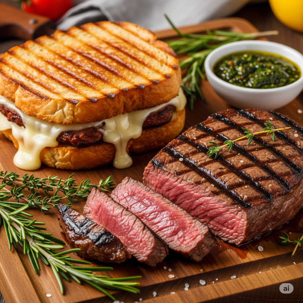 Um sanduíche perfeitamente tostado com queijo derretido escorrendo e um bife suculento grelhado com marcas de churrasco, dispostos sobre uma tábua de madeira. A imagem representa os deliciosos resultados obtidos com um aparelho 2 em 1.