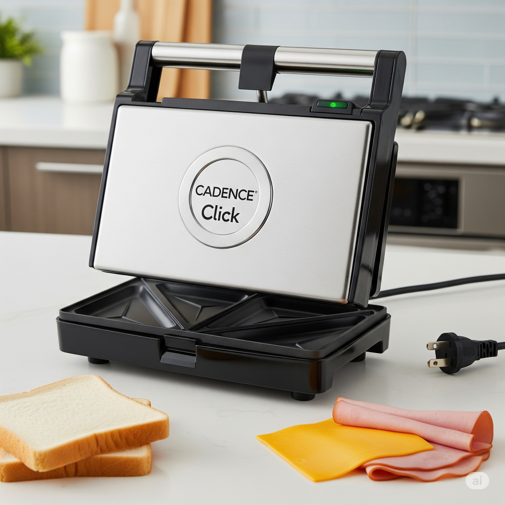 Uma sanduicheira elétrica Cadence Click com acabamento de aço inoxidável e preta, com a tampa aberta, mostrando as chapas internas. O logo da marca é visível na tampa. Na frente do aparelho, estão duas fatias de pão, uma fatia de queijo e fatias de presunto, prontos para o preparo. A sanduicheira está sobre um balcão de cozinha claro.
