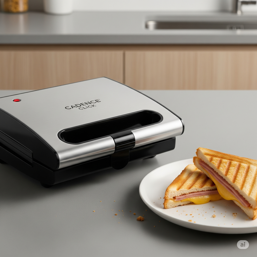 Uma sanduicheira elétrica Cadence Click fechada, com acabamento em aço inoxidável e detalhes pretos, está em um balcão cinza. Ao lado, em um prato branco, há um sanduíche tostado e cortado ao meio, mostrando o queijo derretido. O logo da marca é visível na tampa da sanduicheira, que tem uma luz indicadora vermelha acesa.