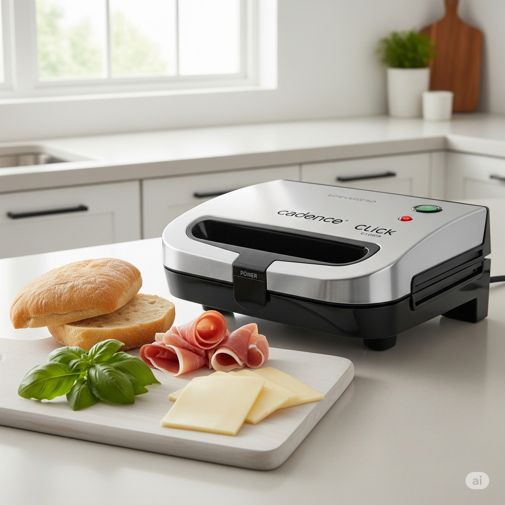 Sanduicheira elétrica Cadence Click fechada, com o logo da marca visível e a luz indicadora de "power" acesa. À sua frente, sobre uma tábua de madeira, estão os ingredientes para um lanche: um pão ciabatta, fatias de presunto, queijo provolone e folhas de manjericão fresco. O aparelho está posicionado em um balcão de cozinha claro, com uma janela ao fundo.