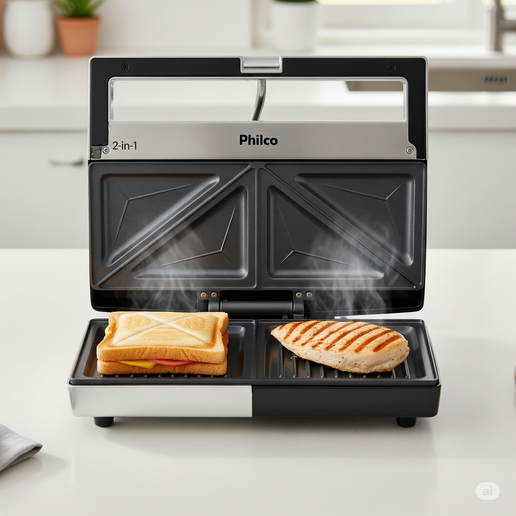 Sanduicheira e grill Philco: dupla função em destaque.
