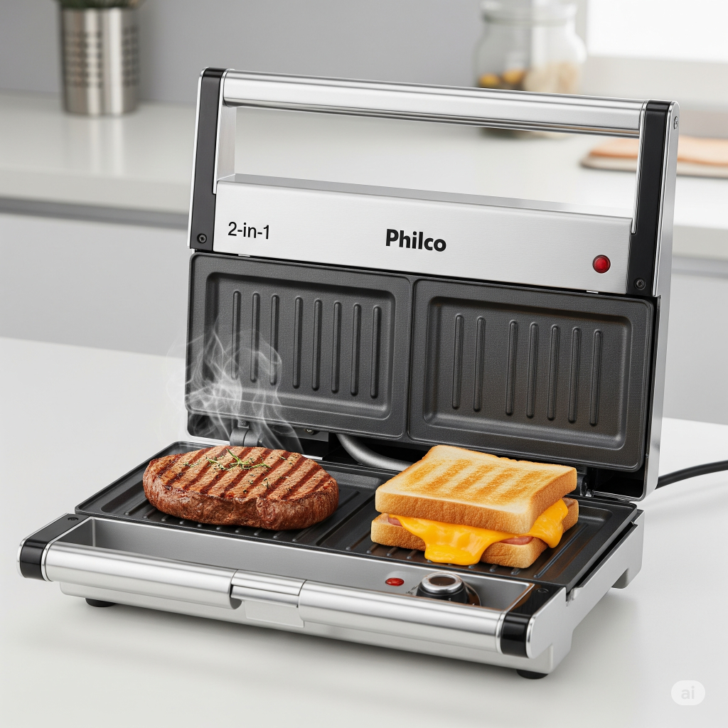 Sanduíche tostado e bife grelhado na Philco 2 em 1.